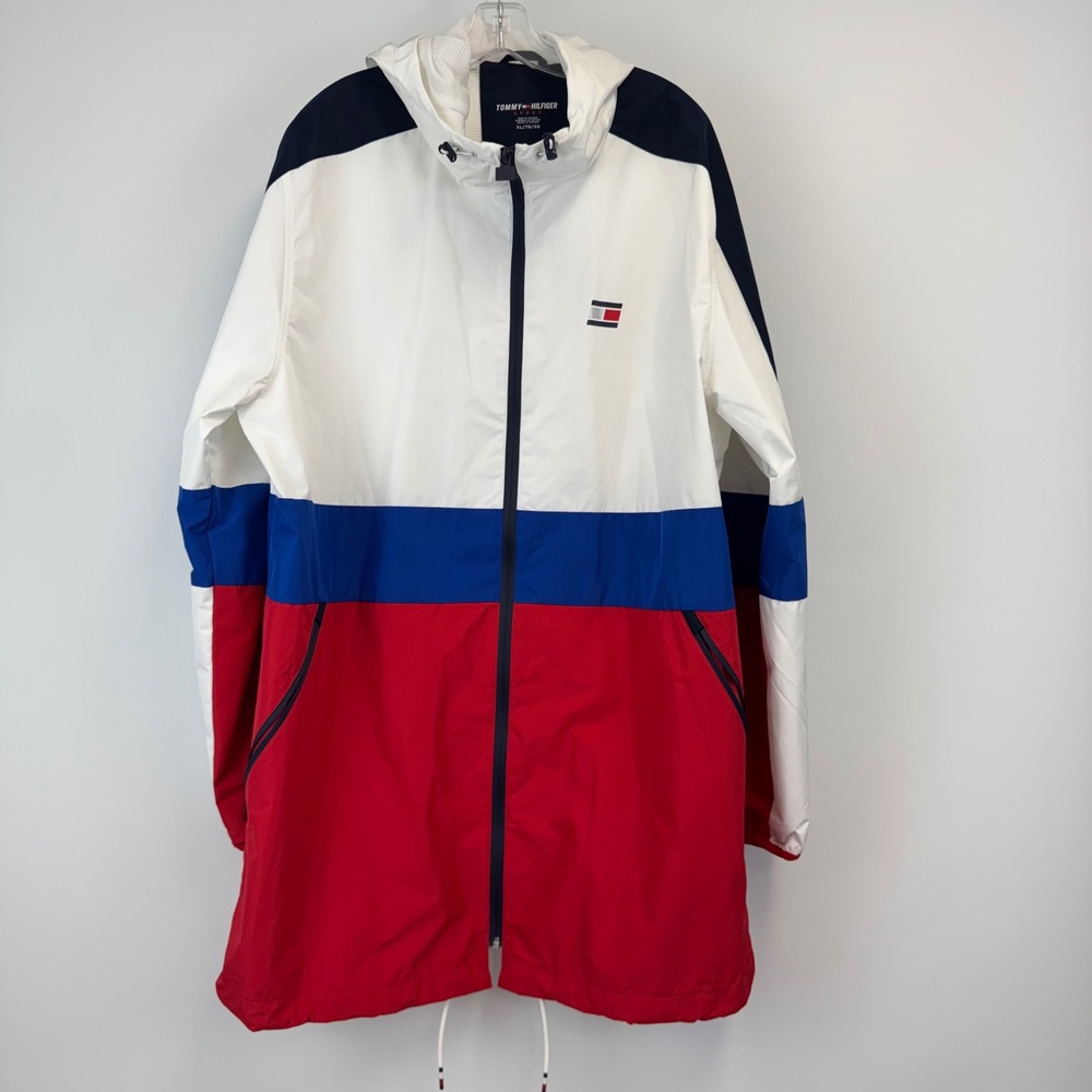 Tommy Hilfiger Sport Mens XL Colorblock Hooded Windbreaker Jacket Red White Blue